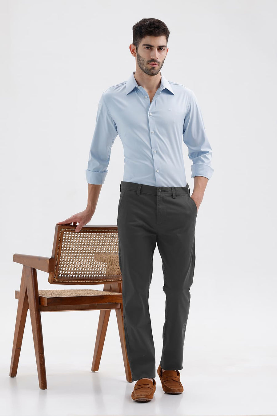 BASICS TAPERED FIT BLACK HOLE GREY COTTON STRETCH STRUCTURE TROUSER