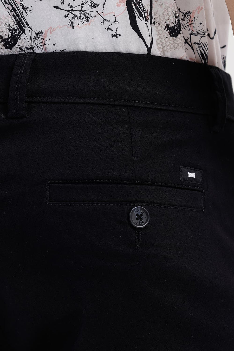 BASICS TAPERED FIT TAP SHOE BLACK COTTON STRETCH STRUCTURE TROUSER