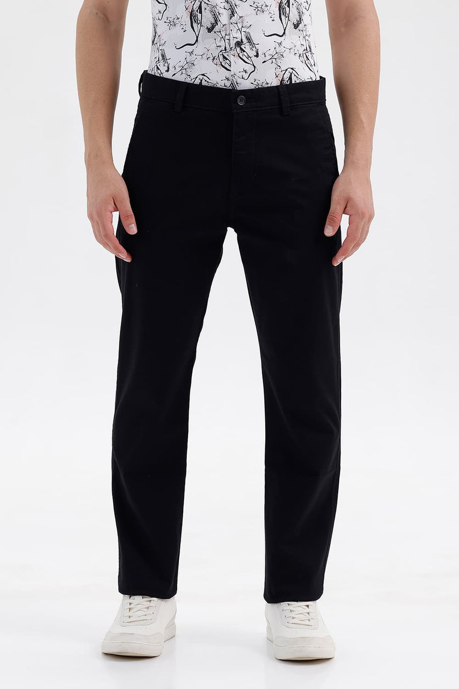 BASICS TAPERED FIT TAP SHOE BLACK COTTON STRETCH STRUCTURE TROUSER