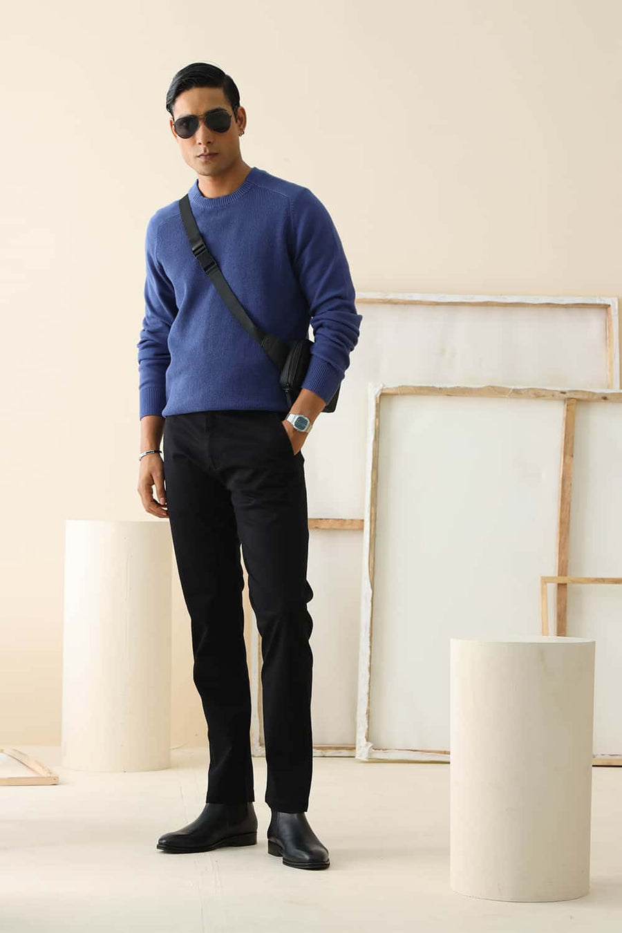 Basics Tapered Fit Tap Shoe Black Cotton Stretch Structure Trouser