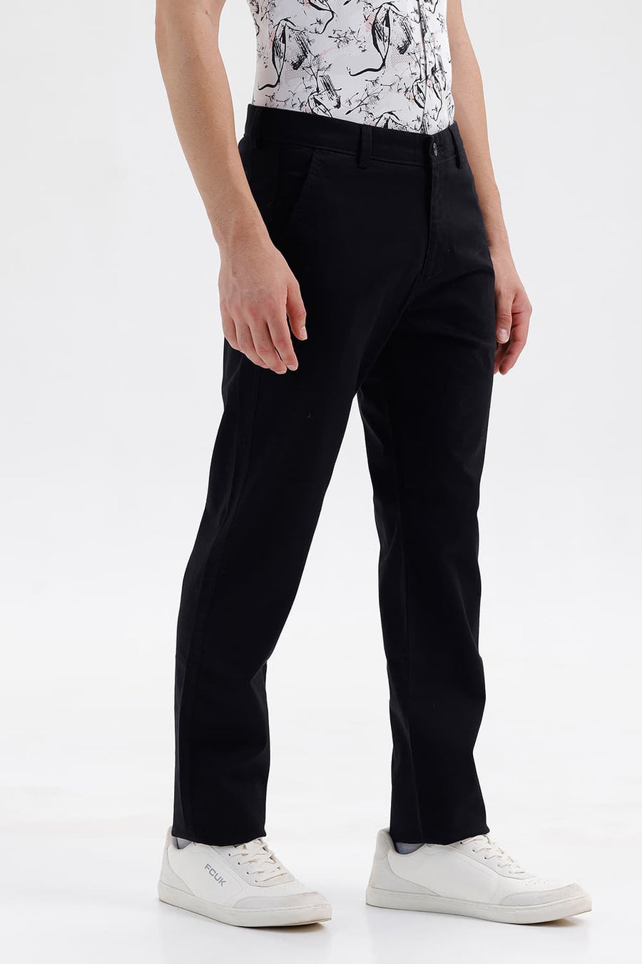BASICS TAPERED FIT TAP SHOE BLACK COTTON STRETCH STRUCTURE TROUSER