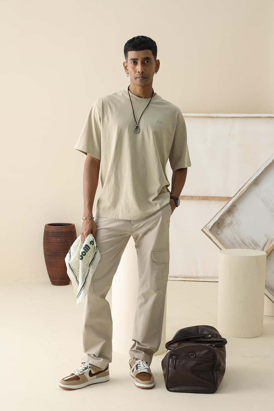 Basics Drift Fit Doeskin Beige Cotton Stretch Ribstop Dobby Trouser