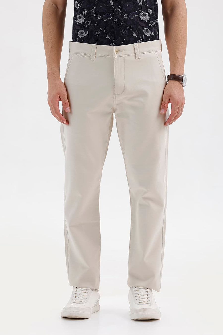 BASICS TAPERED FIT BIRCH BEIGE COTTON STRETCH STRUCTURE TROUSER
