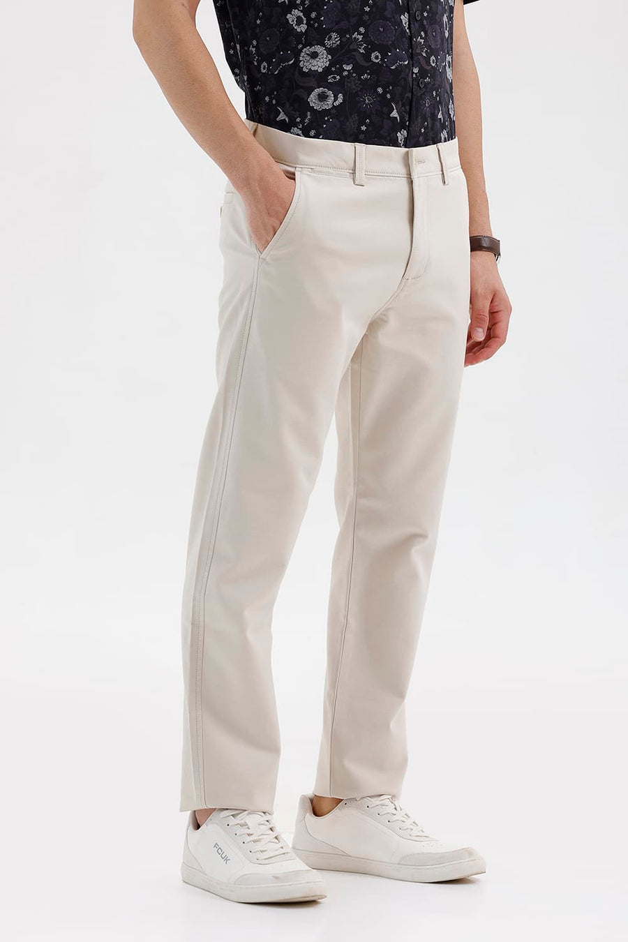 BASICS TAPERED FIT BIRCH BEIGE COTTON STRETCH STRUCTURE TROUSER