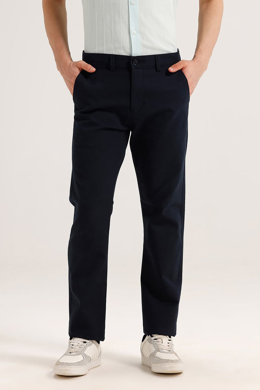 BASICS TAPERED FIT AFTER MIDNIGHT NAVY COTTON STRETCH STRUCTURE TROUSER