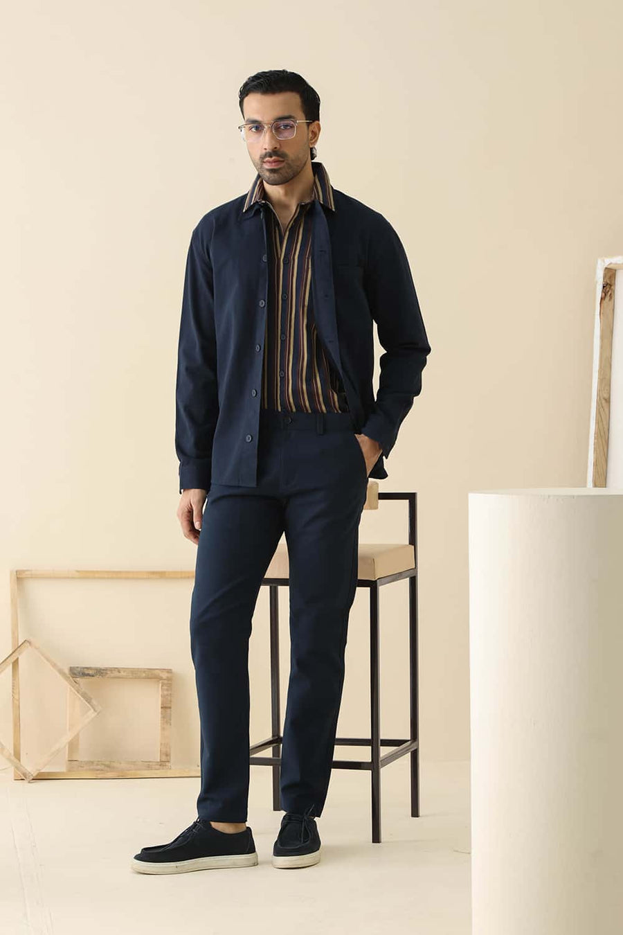 BASICS TAPERED FIT AFTER MIDNIGHT NAVY COTTON STRETCH STRUCTURE TROUSER