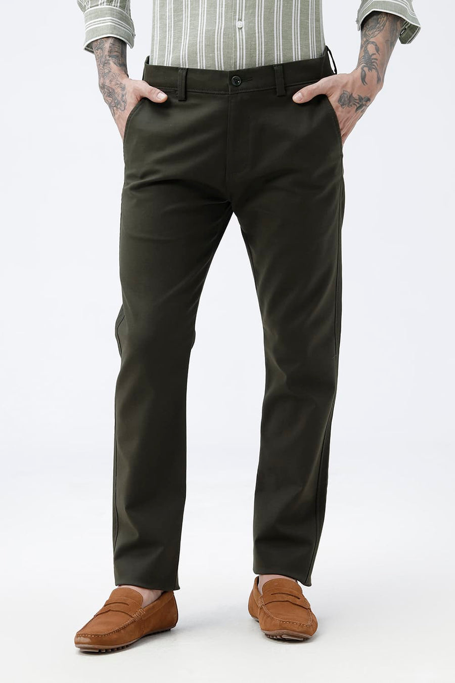 BASICS TAPERED FIT BLACK INK GREEN COTTON STRETCH STRUCTURE TROUSER