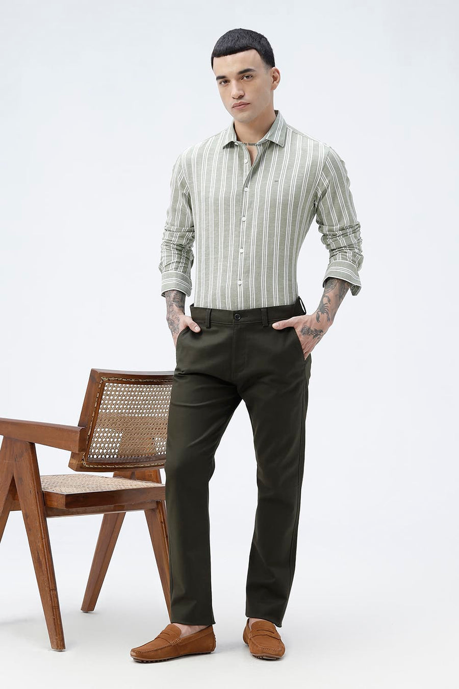 BASICS TAPERED FIT BLACK INK GREEN COTTON STRETCH STRUCTURE TROUSER