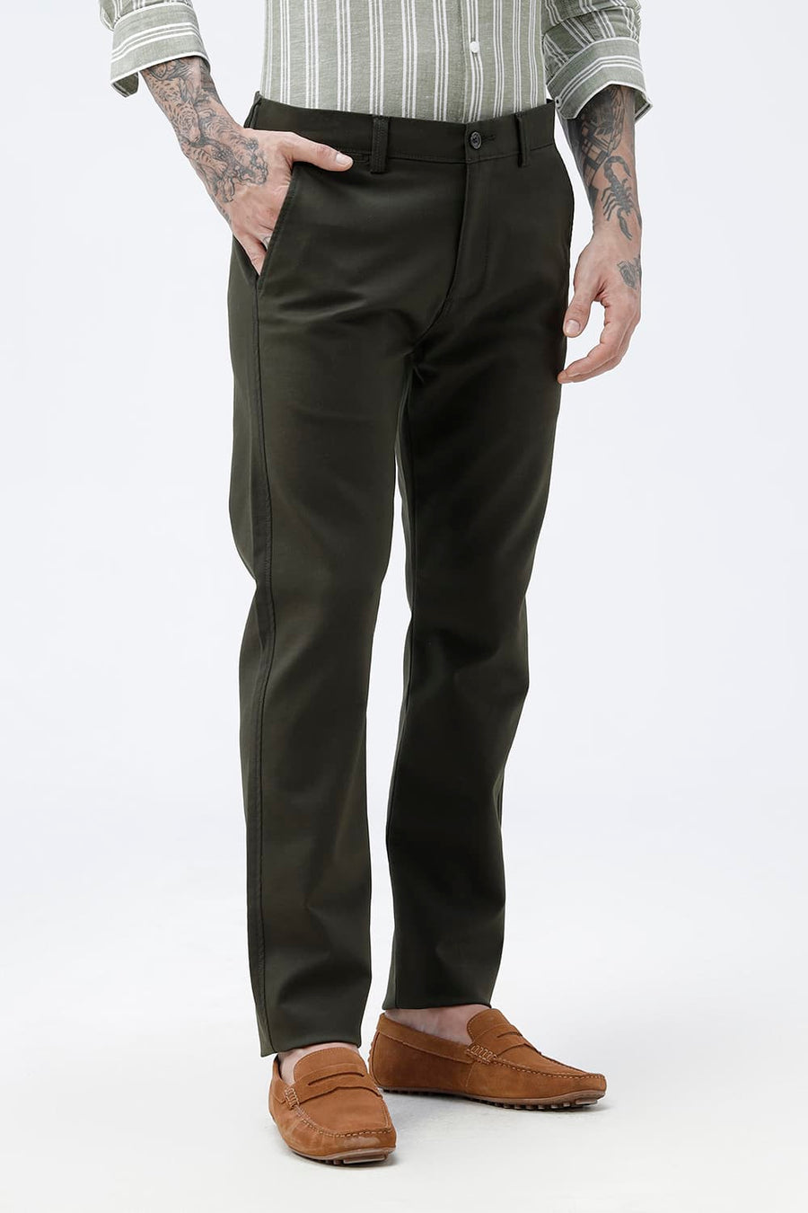 BASICS TAPERED FIT BLACK INK GREEN COTTON STRETCH STRUCTURE TROUSER