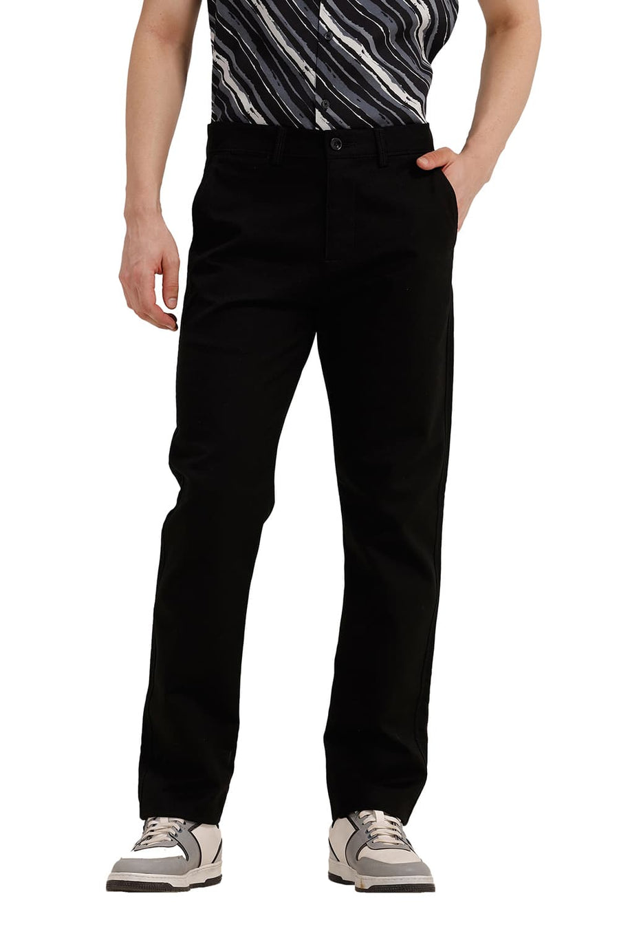 BASICS TAPERED FIT CAVIAR BLACK COTTON STRETCH STRUCTURE TROUSER