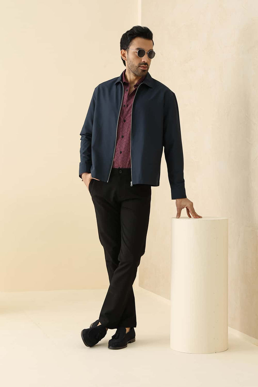 BASICS TAPERED FIT CAVIAR BLACK COTTON STRETCH STRUCTURE TROUSER