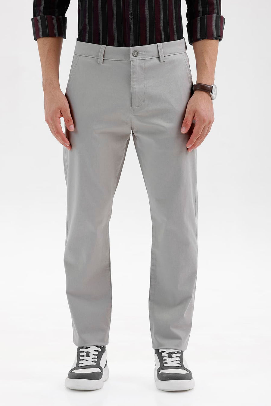 BASICS TAPERED FIT DRIZZLE GREY COTTON STRETCH STRUCTURE TROUSER