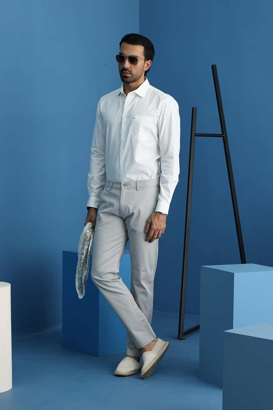 Basics Tapered Fit Drizzle Grey Cotton Stretch Structure Trouser