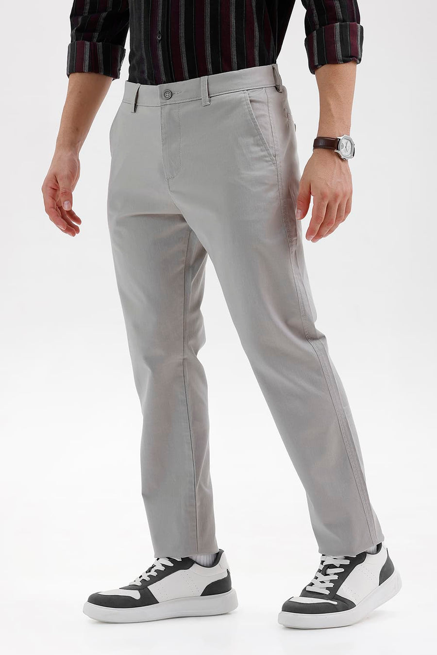 BASICS TAPERED FIT DRIZZLE GREY COTTON STRETCH STRUCTURE TROUSER