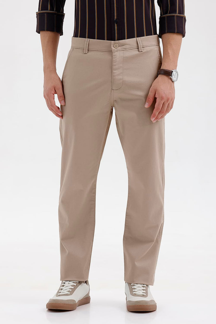 BASICS TAPERED FIT SIMPLY TAUPE BROWN COTTON STRETCH STRUCTURE TROUSER