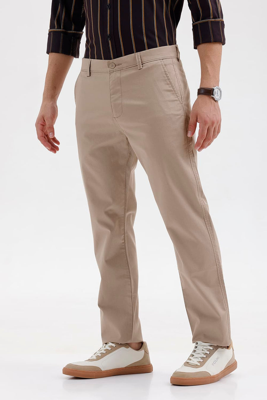 BASICS TAPERED FIT SIMPLY TAUPE BROWN COTTON STRETCH STRUCTURE TROUSER