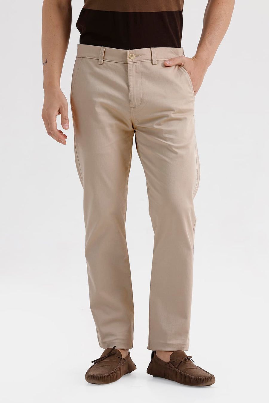 BASICS TAPERED FIT CREME BRULEE BEIGE COTTON STRETCH STRUCTURE TROUSER
