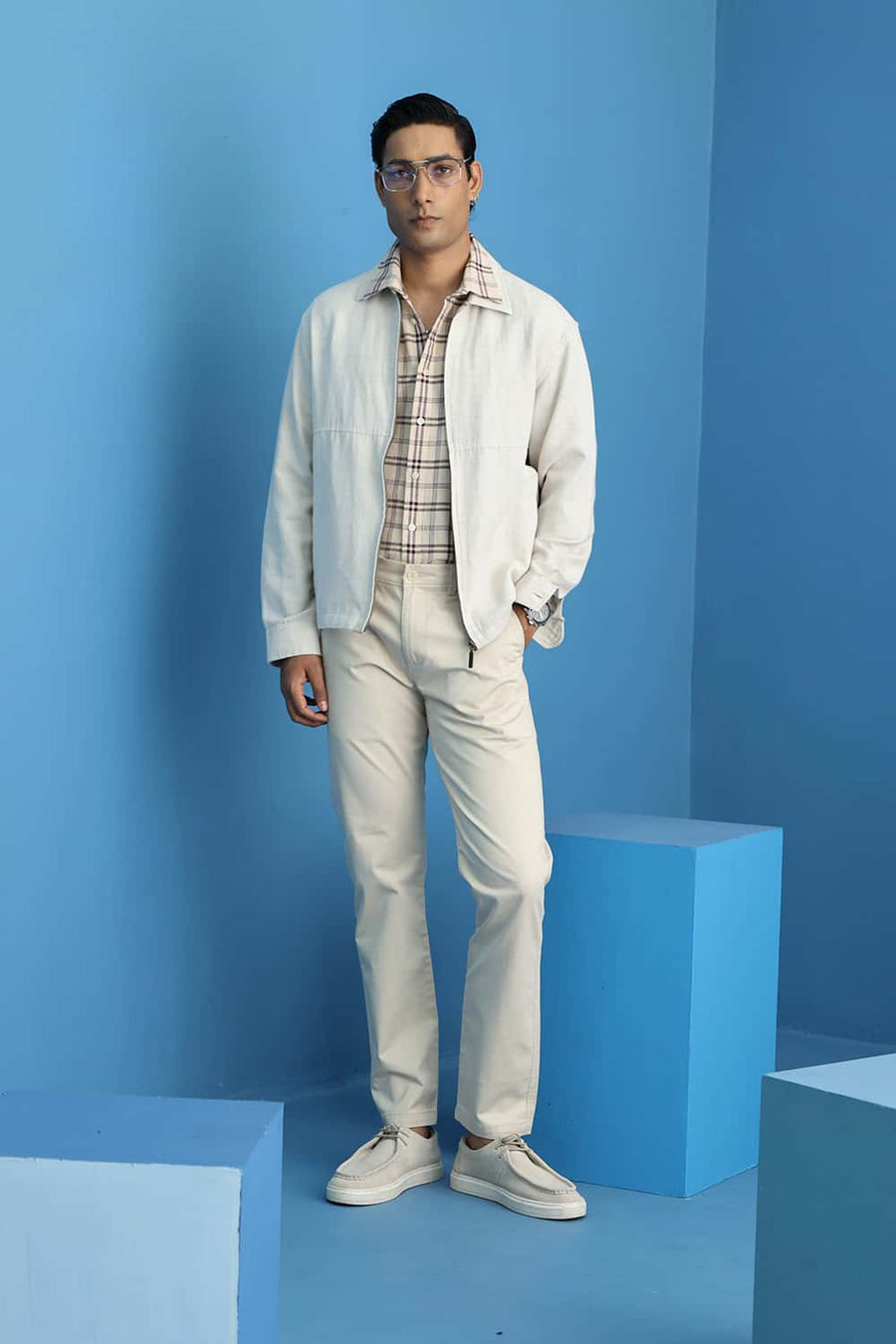 BASICS TAPERED FIT CREME BRULEE BEIGE COTTON STRETCH STRUCTURE TROUSER