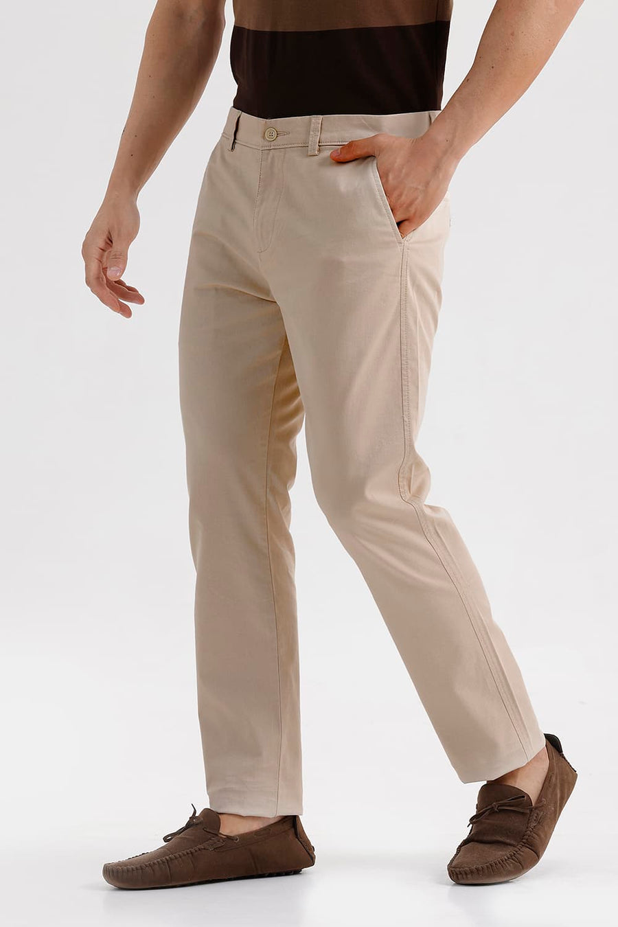 BASICS TAPERED FIT CREME BRULEE BEIGE COTTON STRETCH STRUCTURE TROUSER