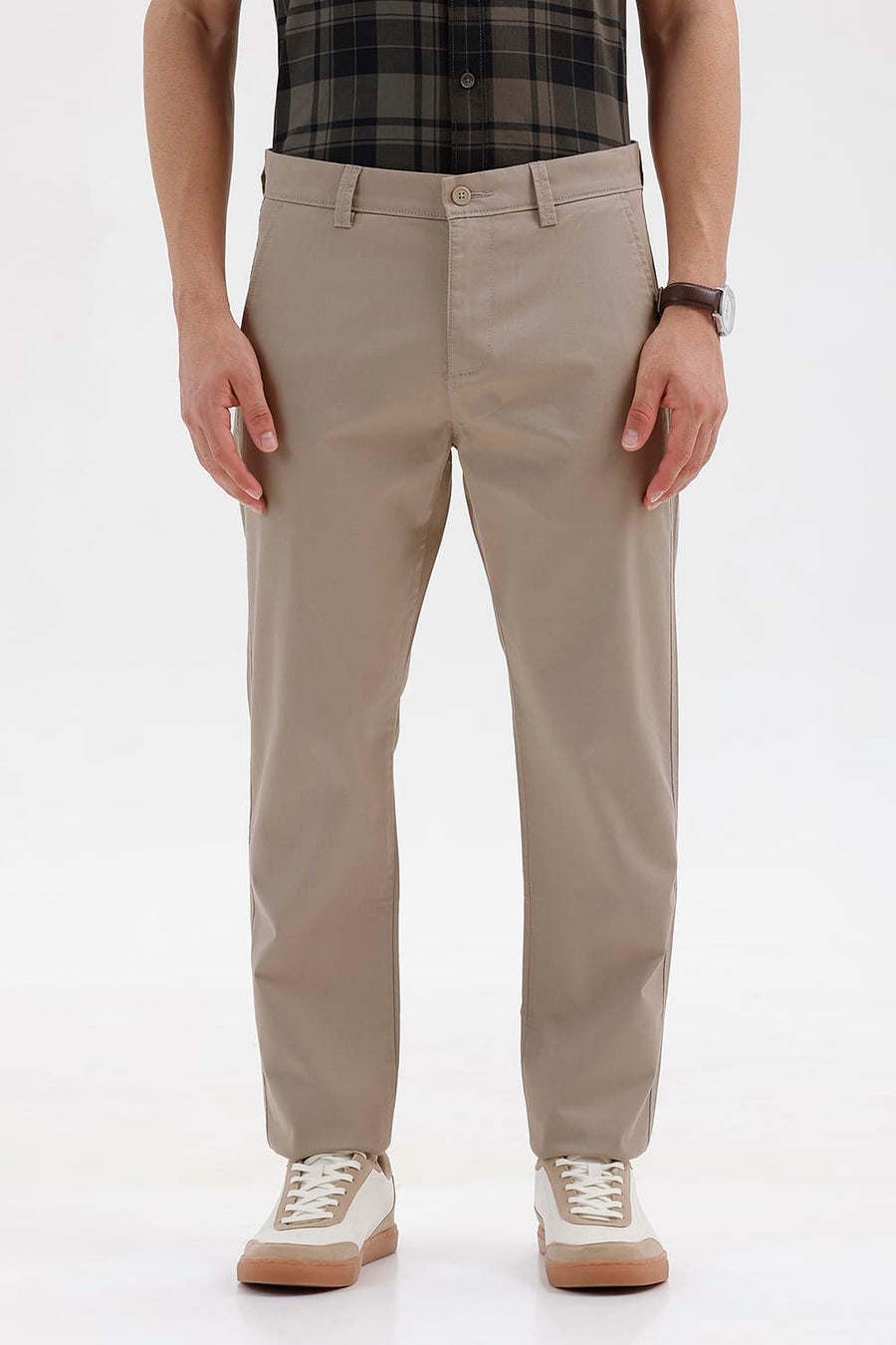 BASICS TAPERED FIT CROCKERY KHAKI COTTON STRETCH STRUCTURE TROUSER