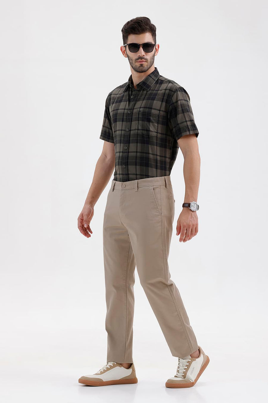 BASICS TAPERED FIT CROCKERY KHAKI COTTON STRETCH STRUCTURE TROUSER