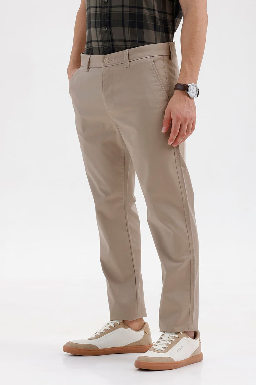 BASICS TAPERED FIT CROCKERY KHAKI COTTON STRETCH STRUCTURE TROUSER