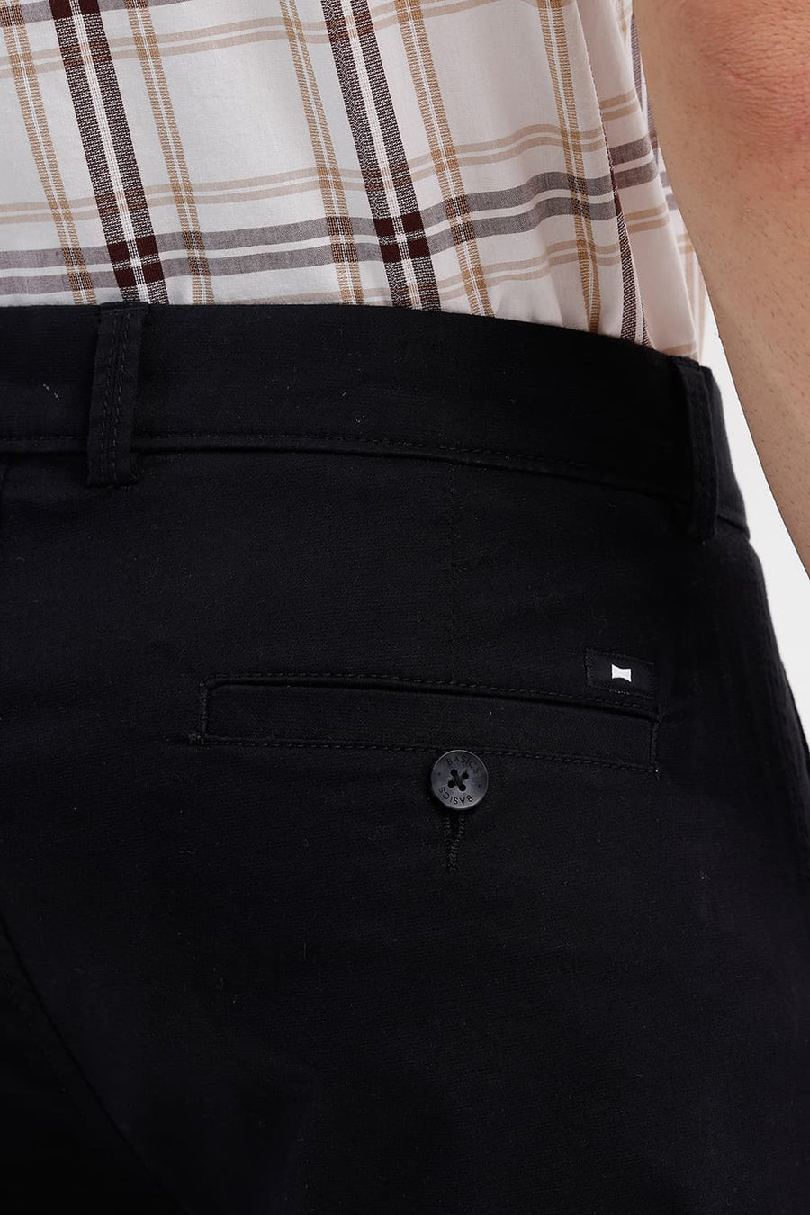 BASICS TAPERED FIT CAVIAR BLACK COTTON STRETCH STRUCTURE TROUSER