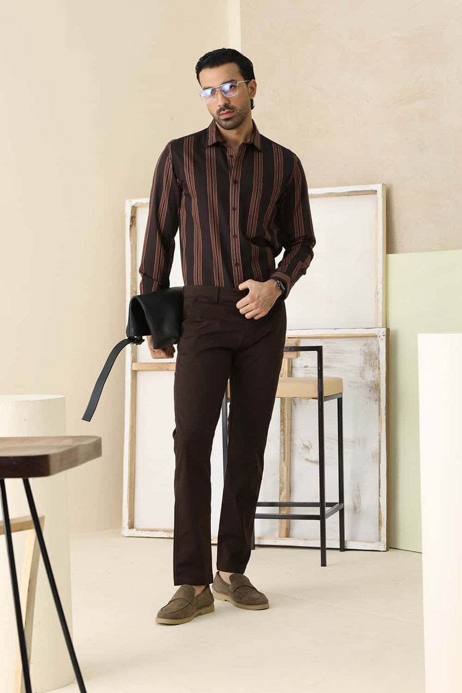 Basics Tapered Fit Espresso Brown Cotton Stretch Structure Trouser