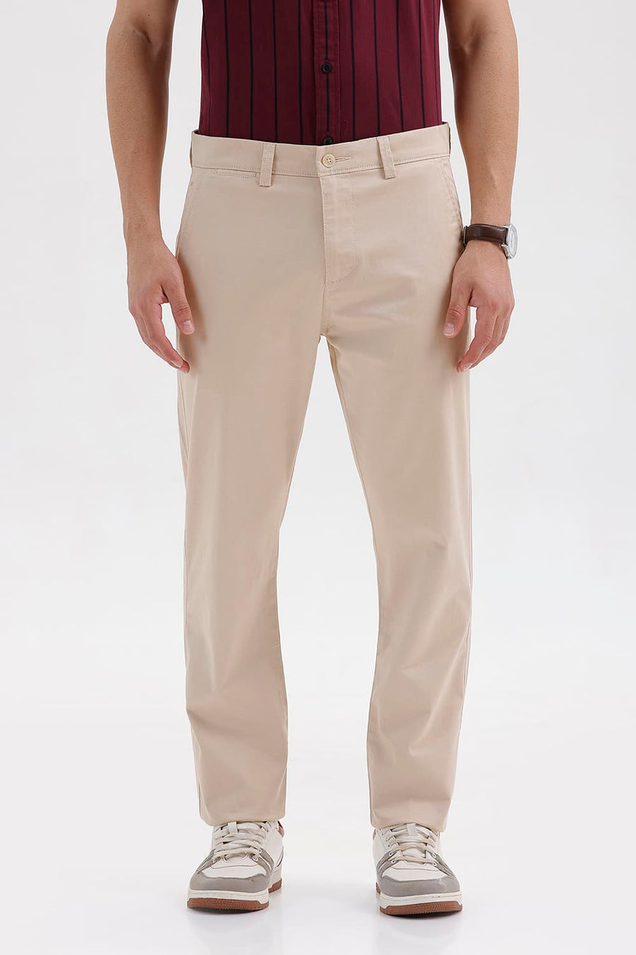 BASICS TAPERED FIT IRISH CREAM BEIGE COTTON STRETCH STRUCTURE TROUSER
