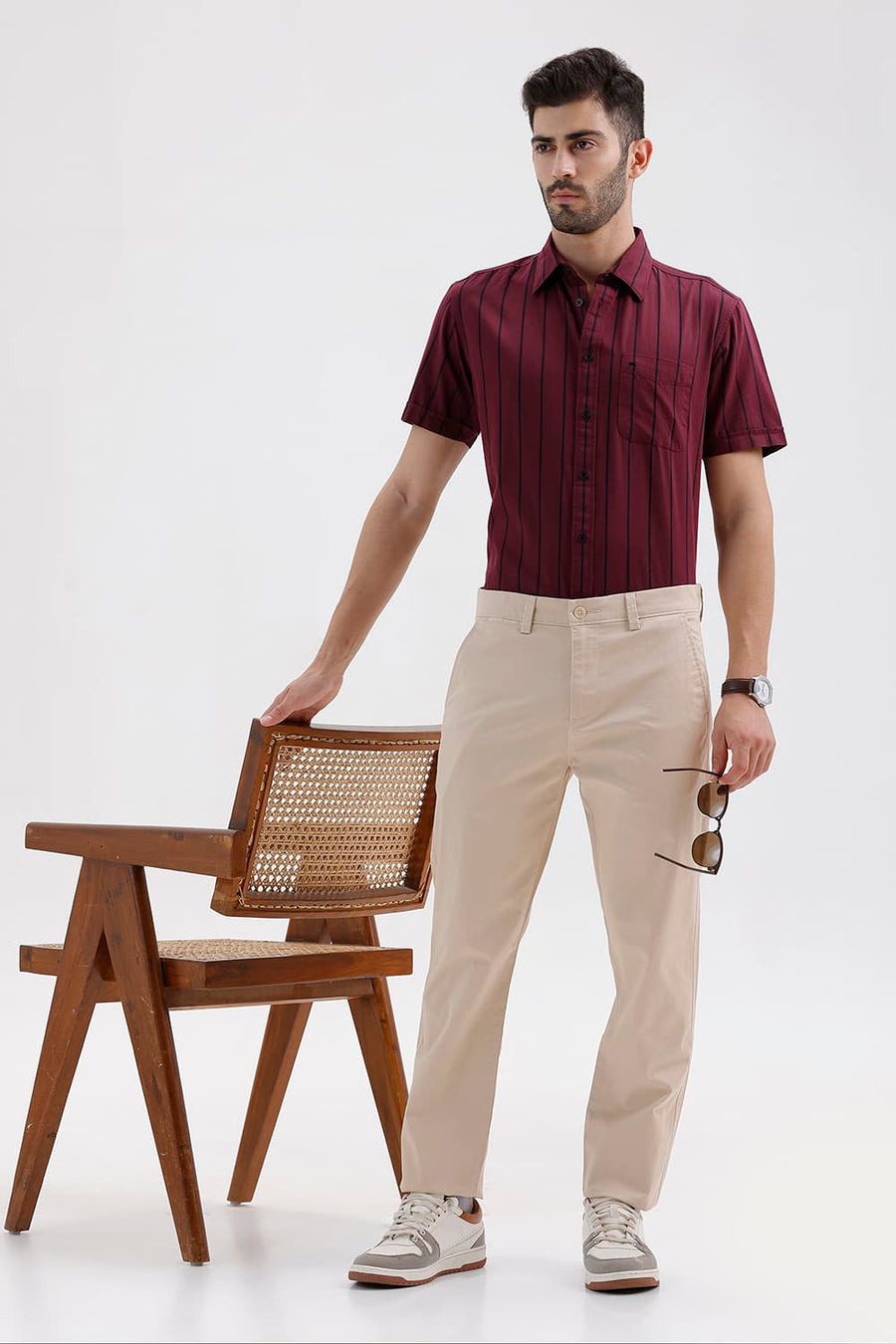 BASICS TAPERED FIT IRISH CREAM BEIGE COTTON STRETCH STRUCTURE TROUSER