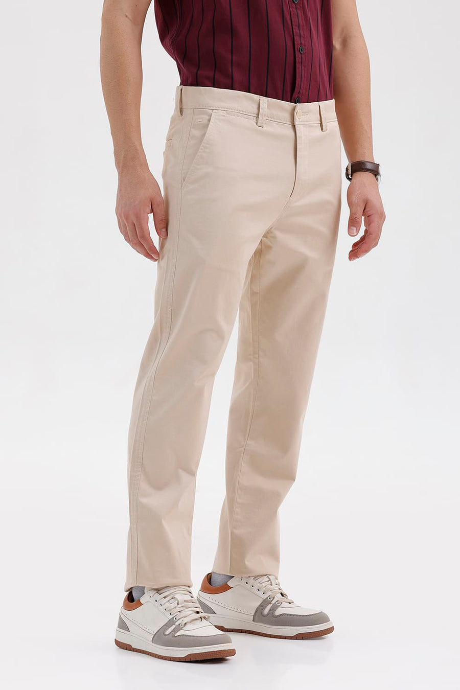 BASICS TAPERED FIT IRISH CREAM BEIGE COTTON STRETCH STRUCTURE TROUSER