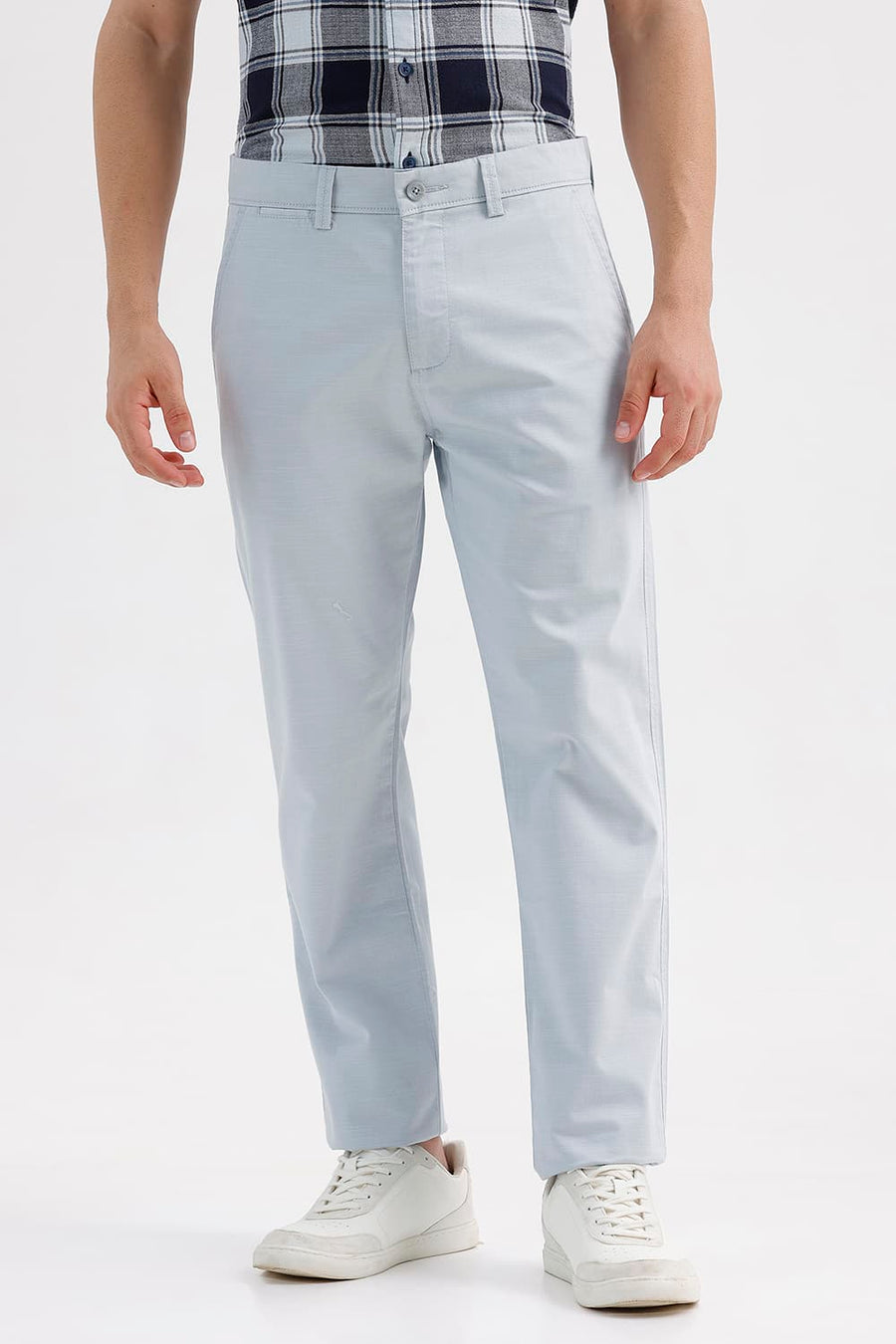 BASICS TAPERED FIT NIAGARA MIST BLUE COTTON STRETCH STRUCTURE TROUSER