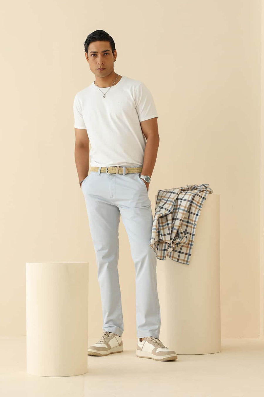 Basics Tapered Fit Niagara Mist Blue Cotton Stretch Structure Trouser