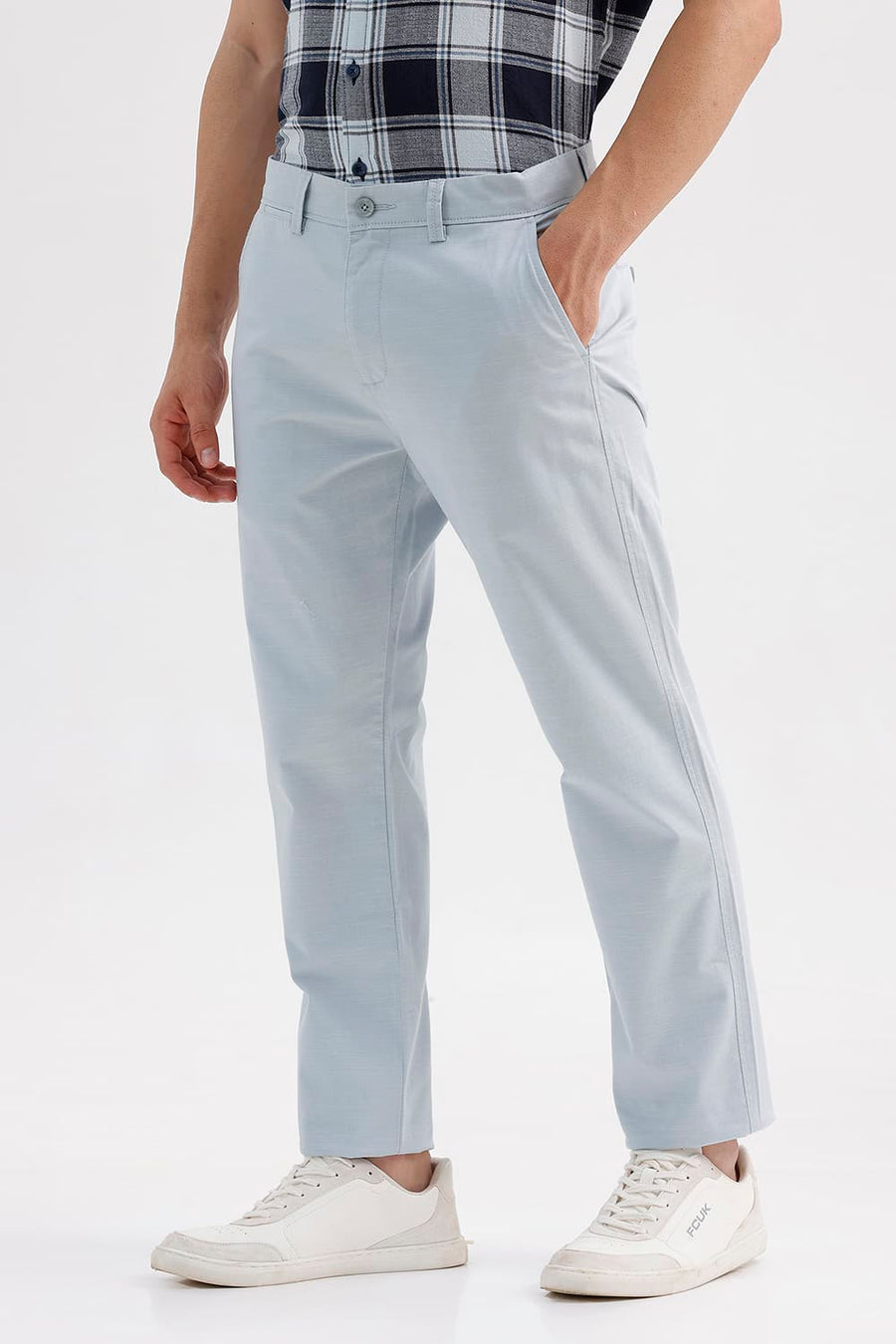 BASICS TAPERED FIT NIAGARA MIST BLUE COTTON STRETCH STRUCTURE TROUSER