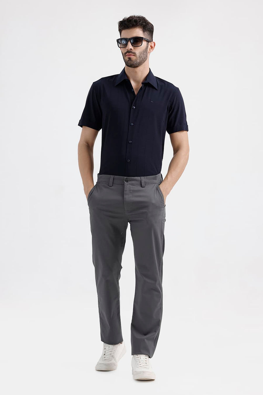 BASICS TAPERED FIT VOLCANIC ASH GREY COTTON STRETCH STRUCTURE TROUSER