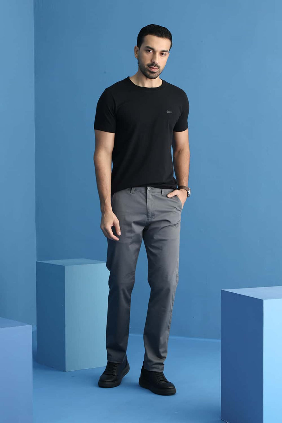 BASICS TAPERED FIT VOLCANIC ASH GREY COTTON STRETCH STRUCTURE TROUSER