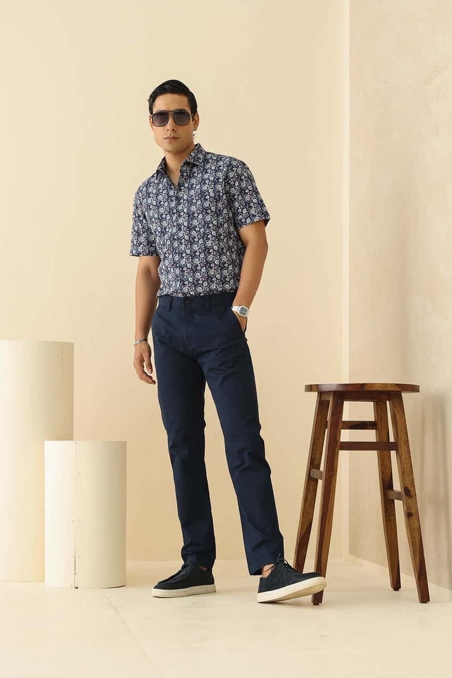Basics Tapered Fit Collgiate Navy Cotton Stretch Structure Trouser