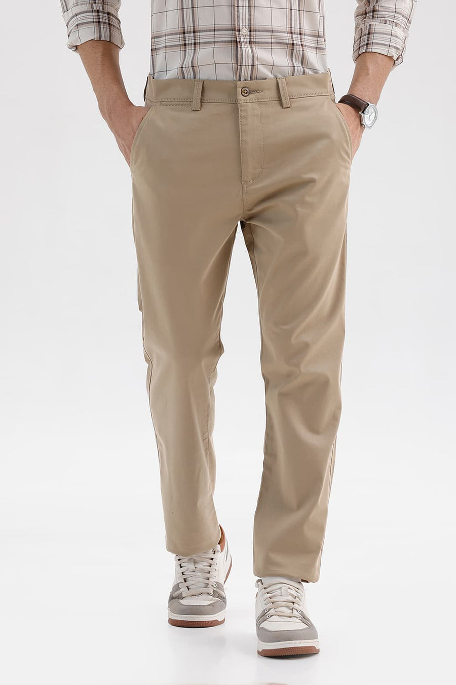 BASICS TAPERED FIT OAK KHAKI COTTON STRETCH STRUCTURE TROUSER