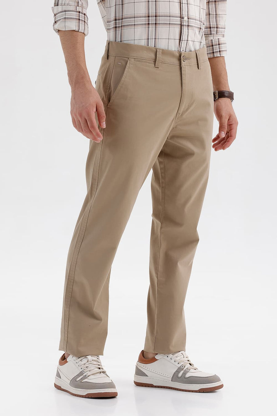 BASICS TAPERED FIT OAK KHAKI COTTON STRETCH STRUCTURE TROUSER