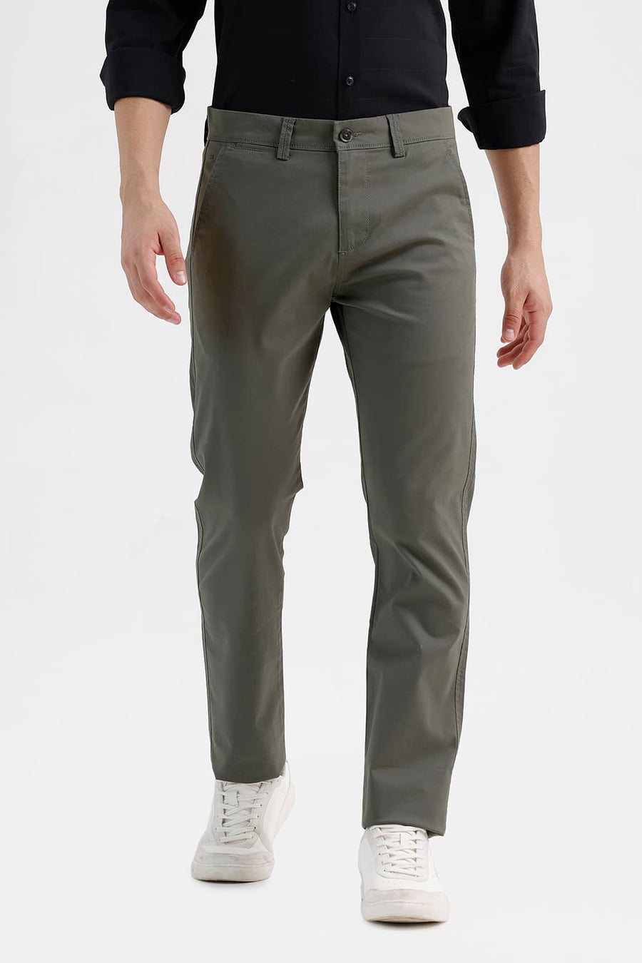 BASICS TAPERED FIT SMOKEY GREEN COTTON STRETCH STRUCTURE TROUSER