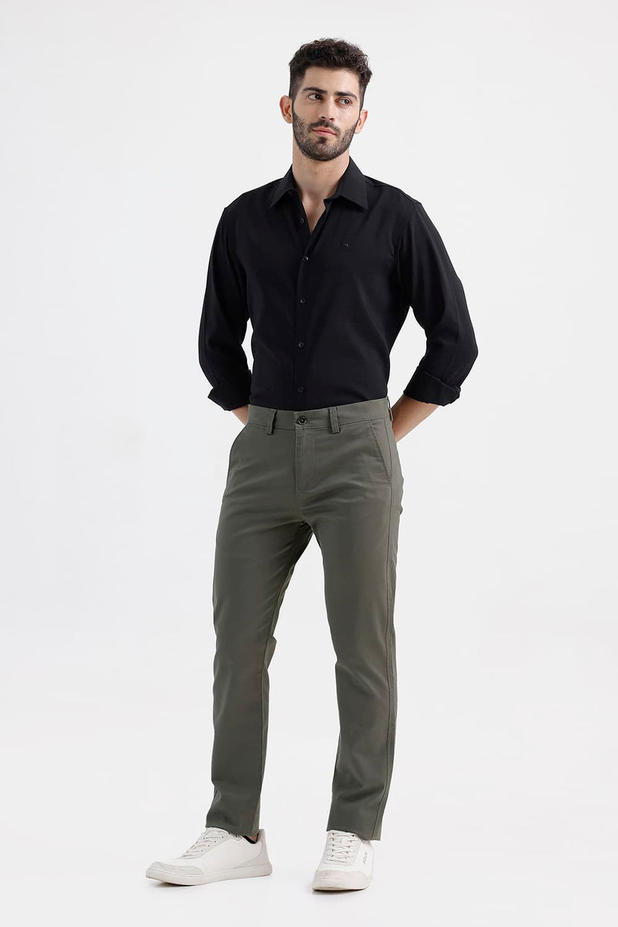 BASICS TAPERED FIT SMOKEY GREEN COTTON STRETCH STRUCTURE TROUSER