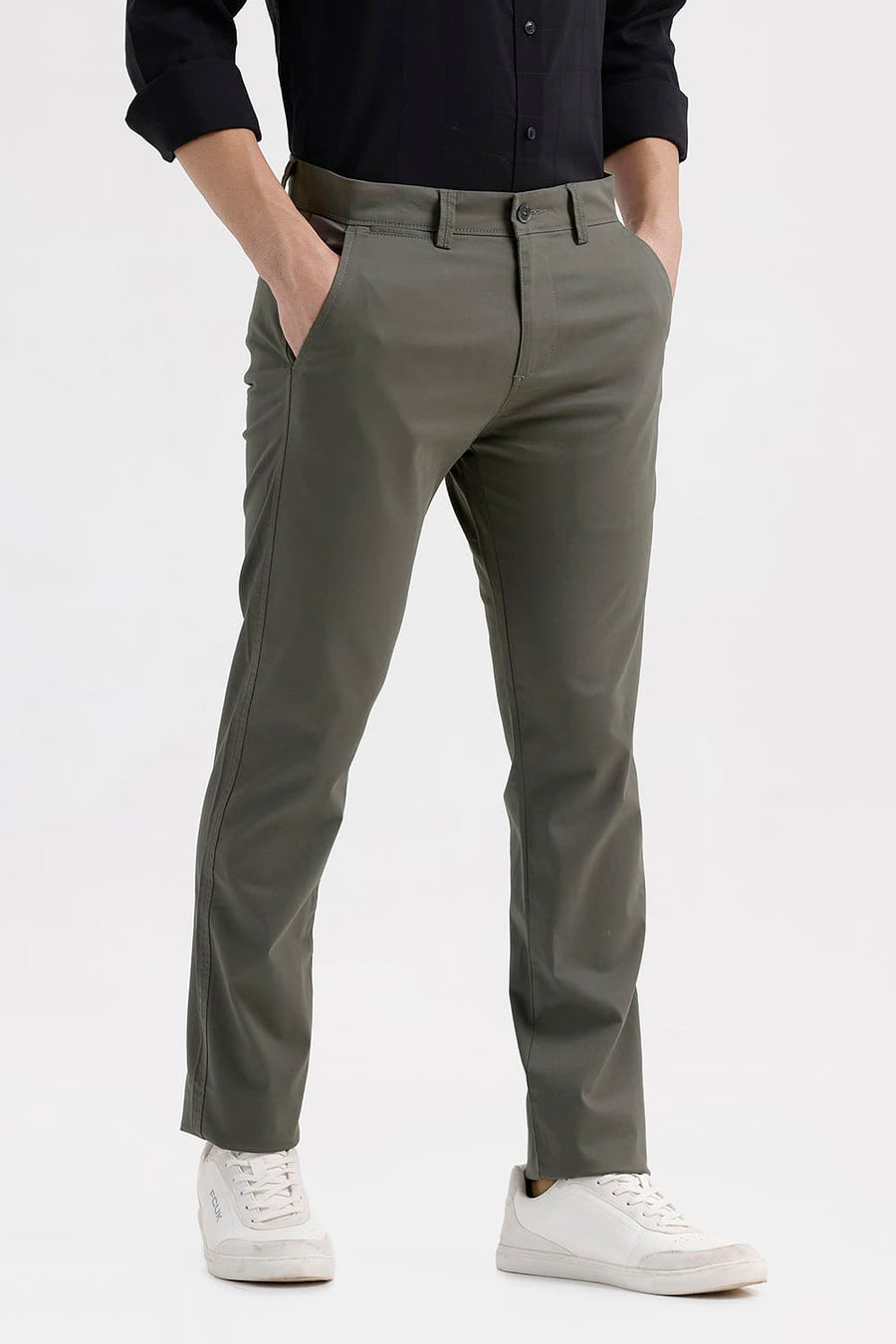 BASICS TAPERED FIT SMOKEY GREEN COTTON STRETCH STRUCTURE TROUSER
