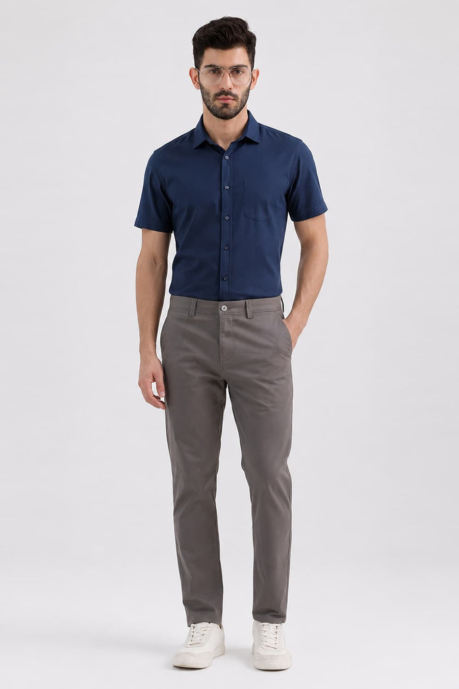BASICS TAPERED FIT GRANITE GREY COTTON STRETCH STRUCTURE TROUSER
