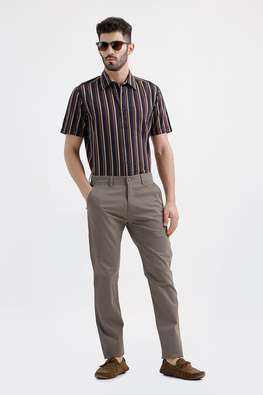 BASICS TAPERED FIT GRAY VELVET OLIVE COTTON STRETCH STRUCTURE TROUSER