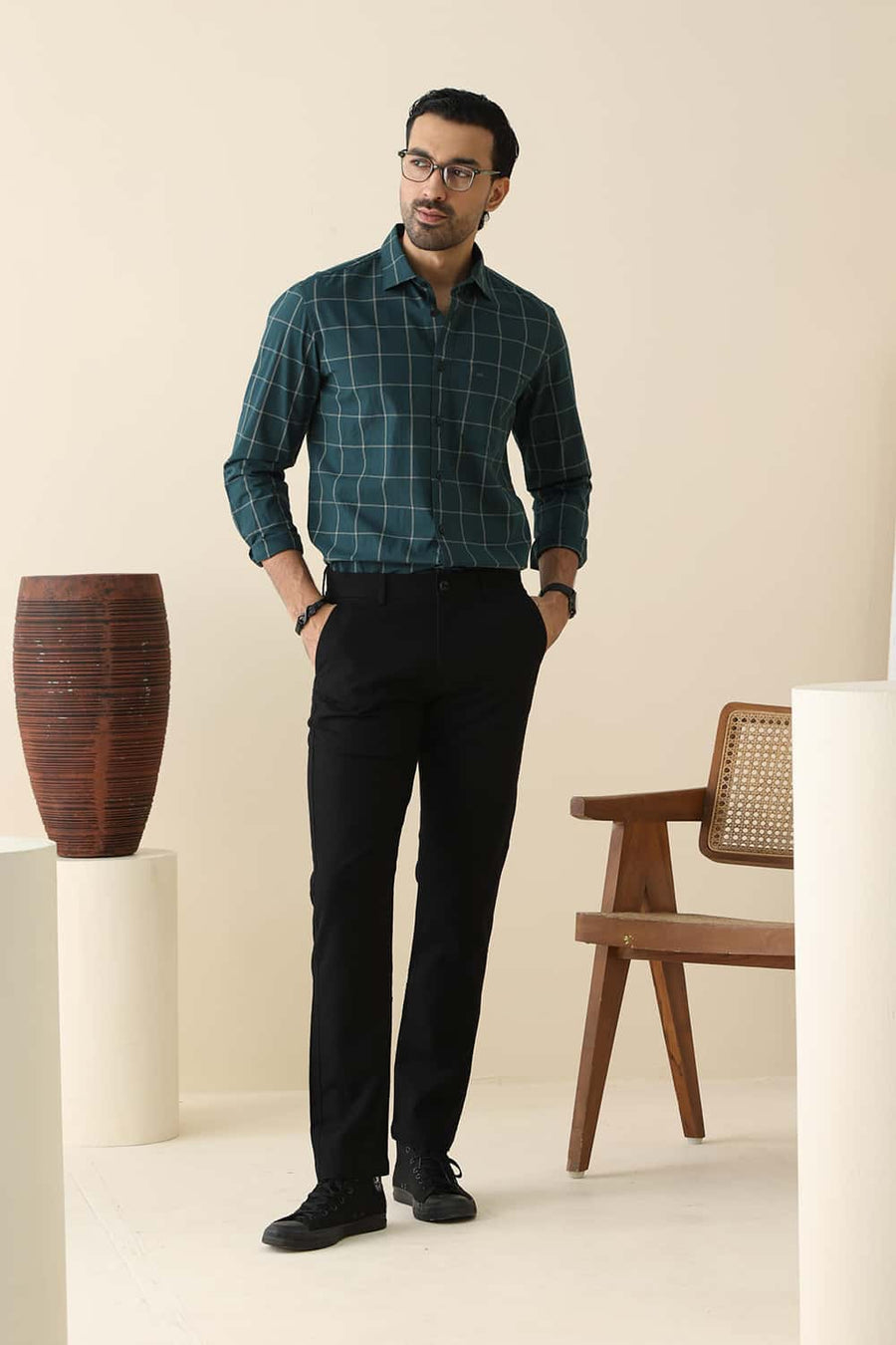 Basics Tapered Fit Bristol Black Cotton Tencel Stretch Structure Trouser
