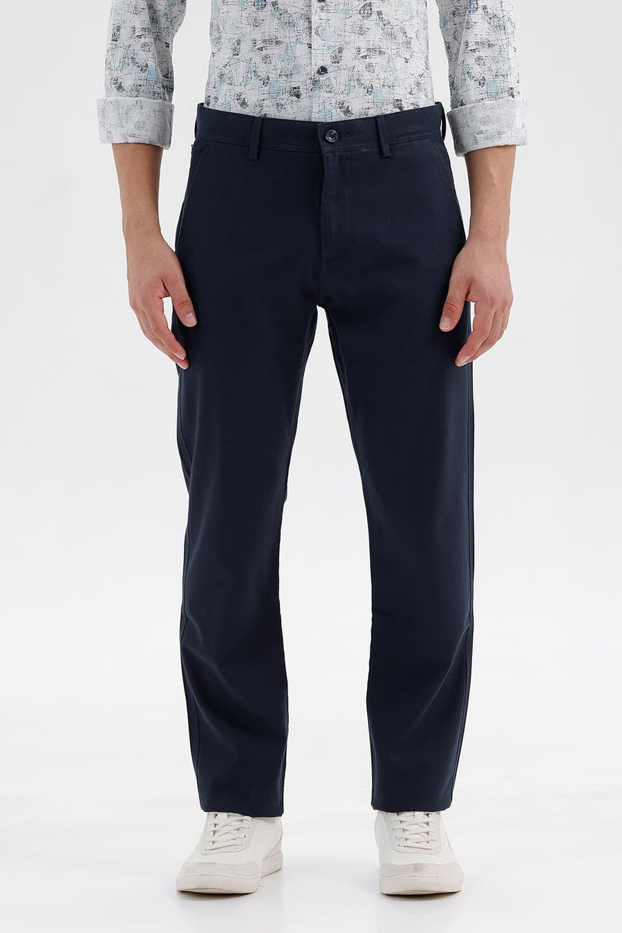BASICS TAPERED FIT BLUEBERRY NAVY COTTON TENCEL STRETCH STRUCTURE TROUSER