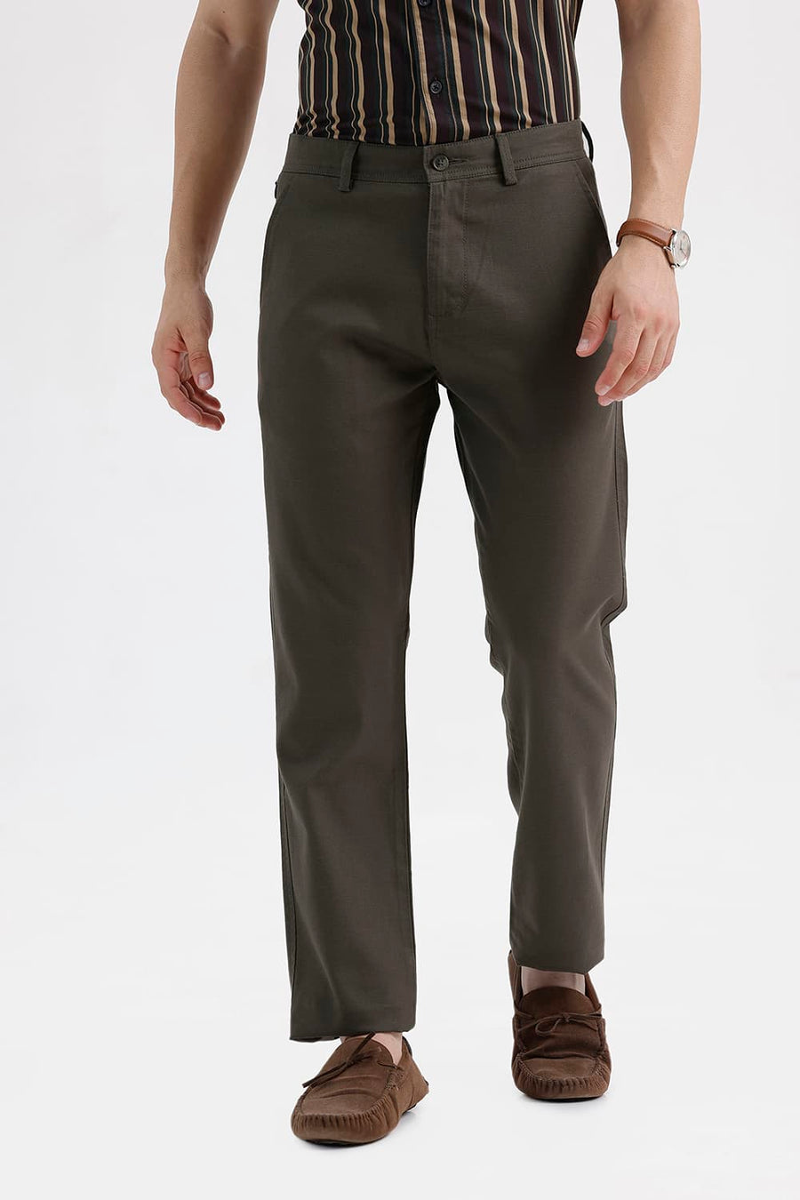 BASICS TAPERED FIT FOREST NIGHT GREEN COTTON TENCEL STRETCH STRUCTURE TROUSER