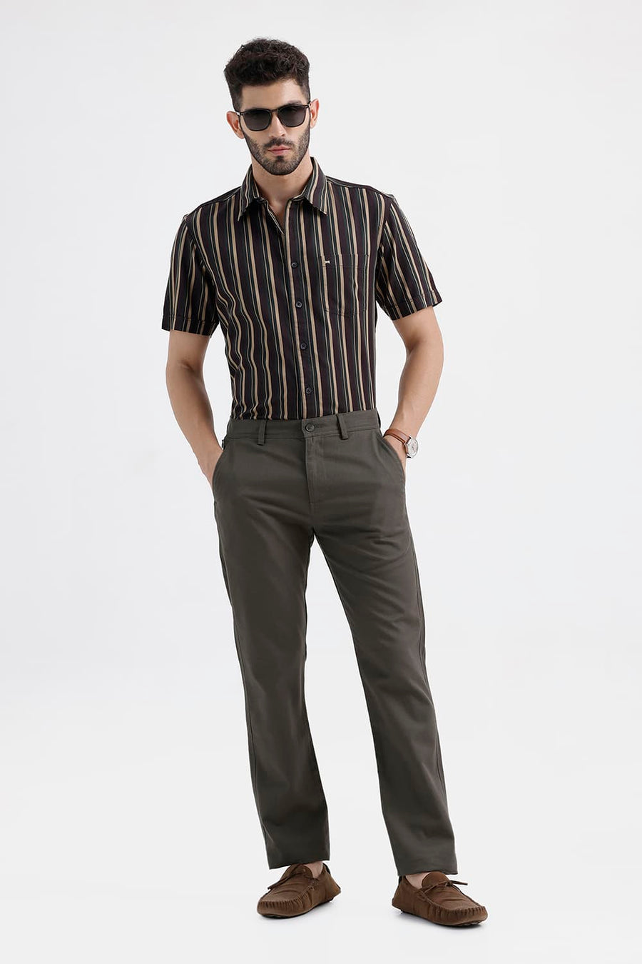 BASICS TAPERED FIT FOREST NIGHT GREEN COTTON TENCEL STRETCH STRUCTURE TROUSER