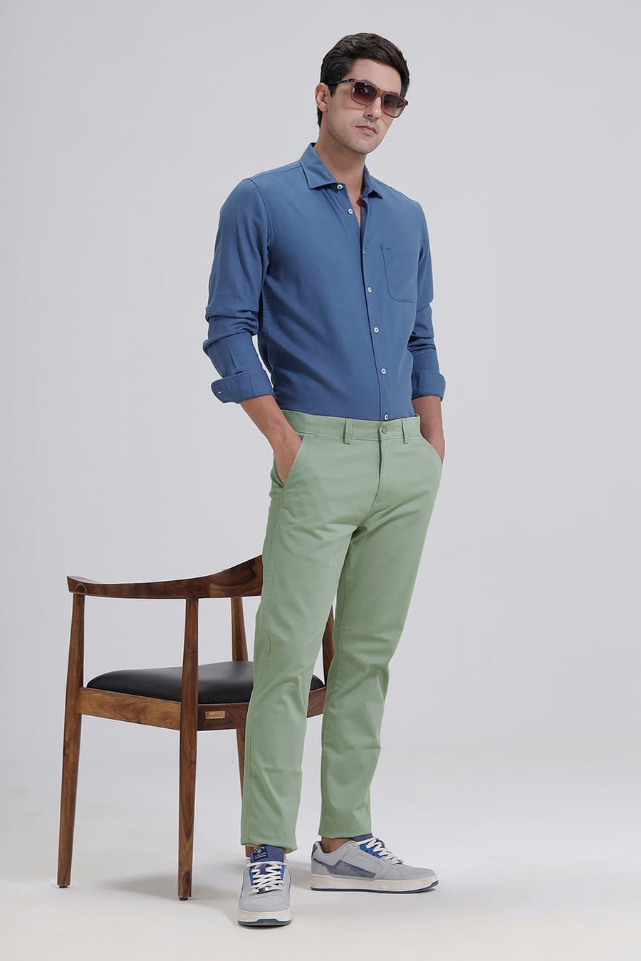 BASICS TAPERED FIT LIGHT GREEN COTTON STRETCH TROUSER