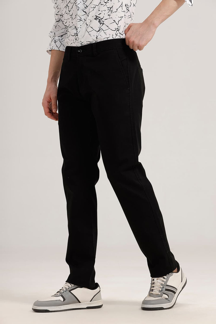 BASICS TAPERED FIT BLACK COTTON STRETCH TROUSER